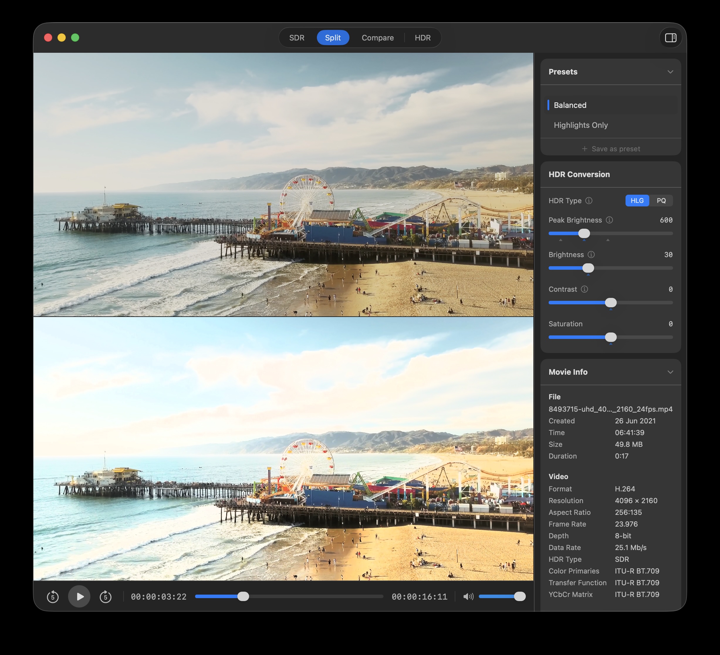 The Lumio inspector, showing the HDR conversion controls